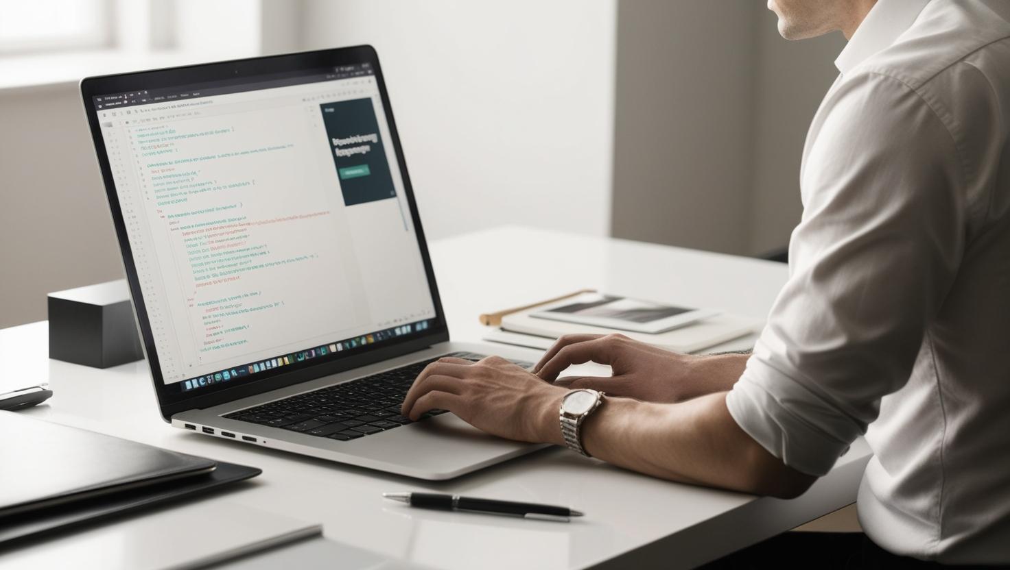 mannbei der mann den kopf nicht sieht sitzt an einem schreibtisch mann sieht seinen ruecken und den laptop und seine hand syitzt und an einem laptop eine webseite programmiert