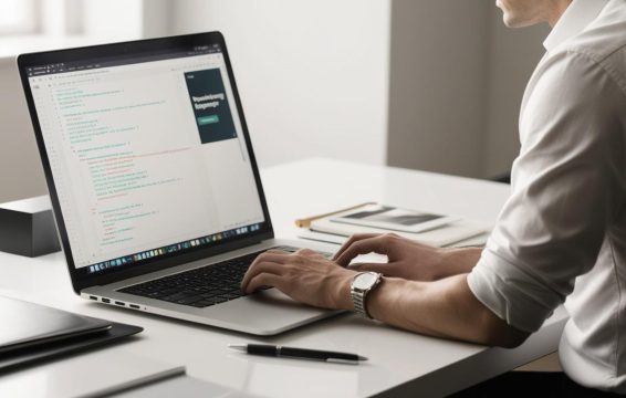 mannbei der mann den kopf nicht sieht sitzt an einem schreibtisch (mann sieht seinen rücken und den laptop und seine hand) syitzt und an einem laptop eine webseite programmiert